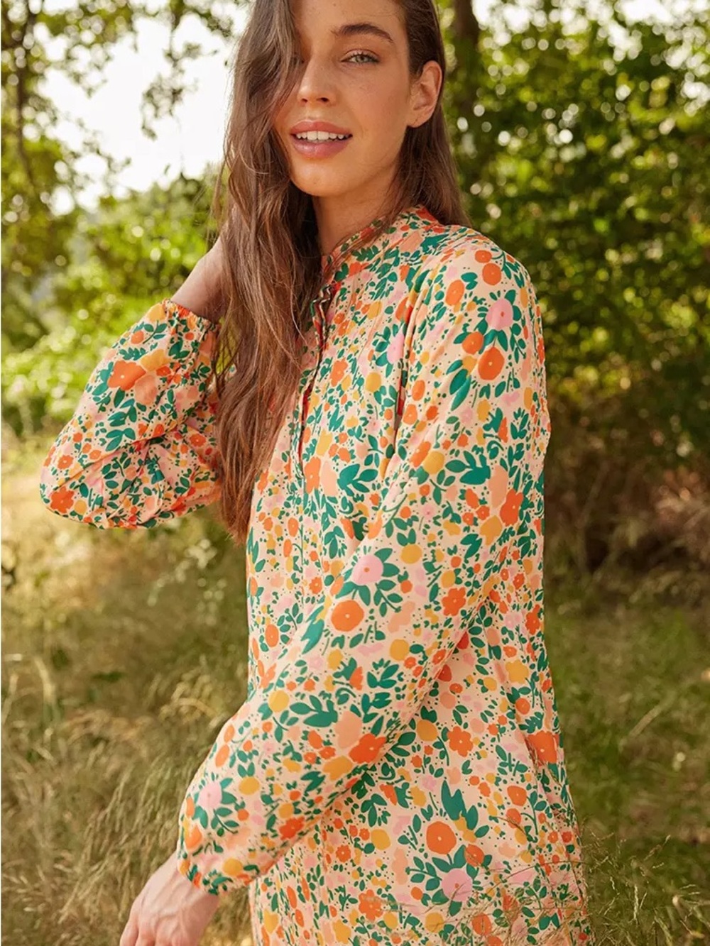 Amazon Floral Peony Print Long Sleeve Dress in Peach, Orange & Green